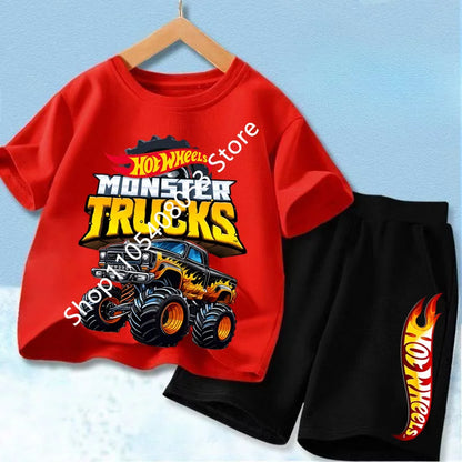 Conjunto de camiseta y pantalón corto de coche de carreras para niños, mezcla de algodón, atuendo de verano para niños y niñas