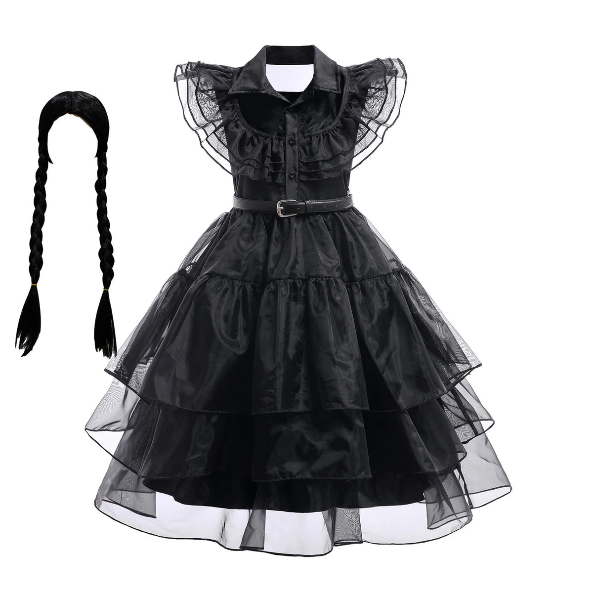 Girls’ Wednesday Addams Cosplay Costume Dress – Gothic Mesh Party Dress for Kids, Halloween Carnival Dress-Up Outfit, Ages 4–12