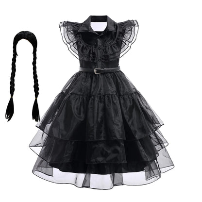 Girls’ Wednesday Addams Cosplay Costume Dress – Gothic Mesh Party Dress for Kids, Halloween Carnival Dress-Up Outfit, Ages 4–12