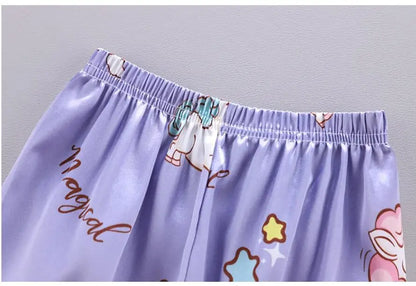 Conjunto de Pijama de Verano para Niñas – Conjunto de Pijama de Satén de Unicornio de Dibujos Animados de 2 Piezas | Ropa de Dormir Suave para Niños Pequeños con Aire Acondicionado