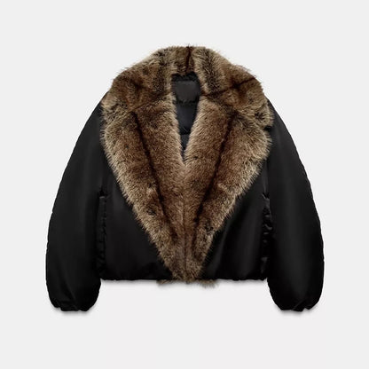 Women’s PU Leather Short Jacket – Contrast Fur Collar Double-Breasted Warm Coat, Stylish Autumn & Winter Outerwear