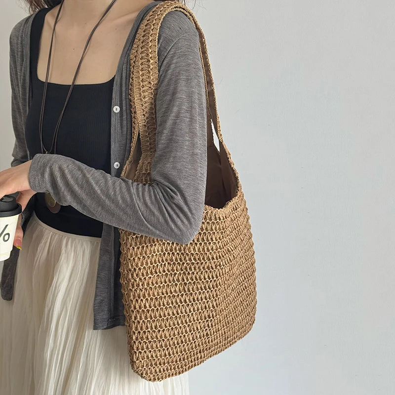 Sac à bandoulière en rotin tressé pour femmes – Grand sac cabas en paille tressée, sac de plage d'été pour femmes, sac de voyage décontracté pour les vacances, le shopping et un usage quotidien