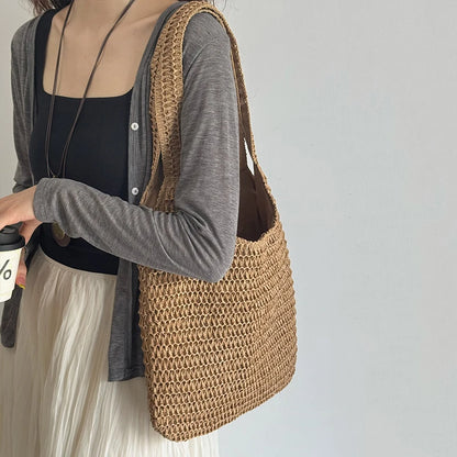 Sac à bandoulière en rotin tressé pour femmes – Grand sac cabas en paille tressée, sac de plage d'été pour femmes, sac de voyage décontracté pour les vacances, le shopping et un usage quotidien
