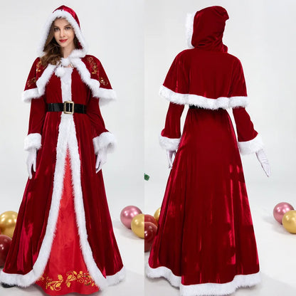 Women's Deluxe Classic Mrs. Claus Christmas Costume, Red Santa Claus Dress for Xmas Parties, Christmas Queen Cosplay Outfit, Holiday Carnival Dress-Up Costume for Festive Celebrations