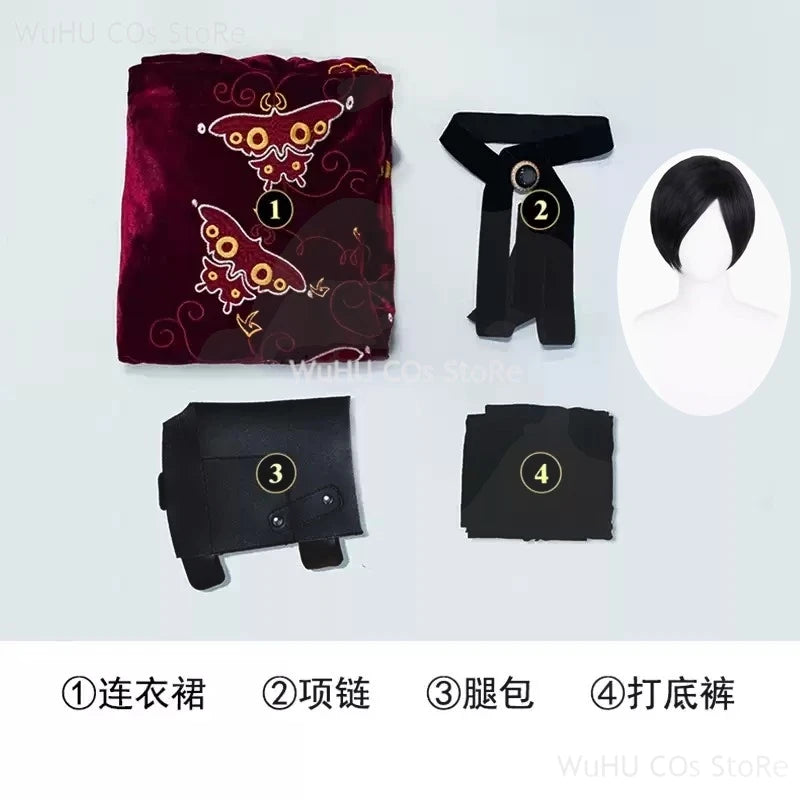 Resident Evil 4 Ada Wong Cosplay Costume | Red Cheongsam Embroidery Dress with Wig | Halloween Carnival & Anime Roleplay Suit for Women