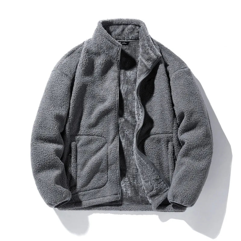 Men’s Winter Fleece Jacket – Solid Color Loose-Fit Warm Coat with Stand Collar, Casual Harajuku Streetwear Outerwear, Plus Size