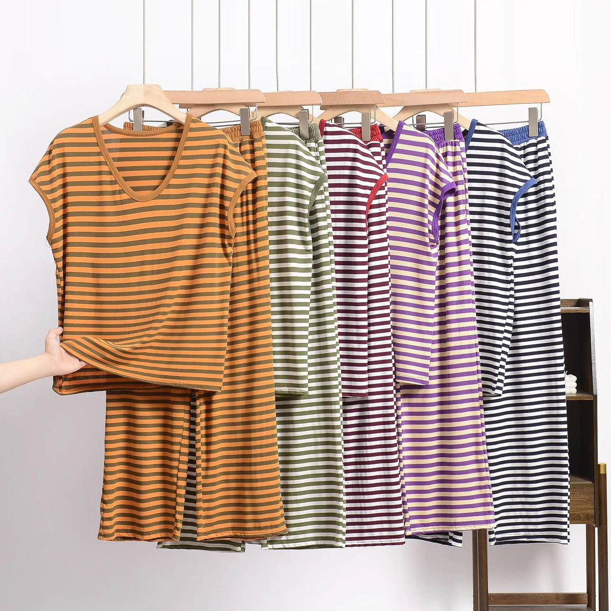 XL-8XL Plus Size Modal Pajama Set – 2PCS Short-Sleeve Striped T-Shirt & Pants, Lightweight Summer Loungewear for Home & Sleep