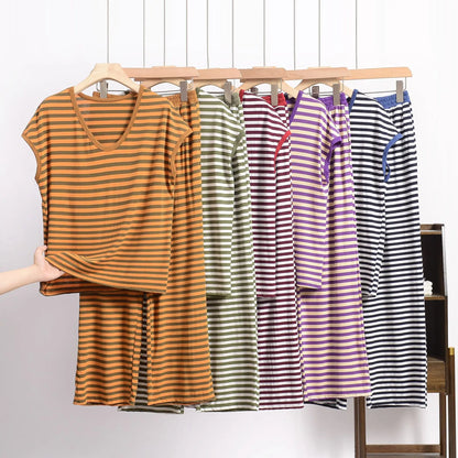 XL-8XL Plus Size Modal Pajama Set – 2PCS Short-Sleeve Striped T-Shirt & Pants, Lightweight Summer Loungewear for Home & Sleep