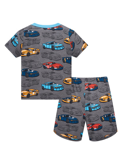 Conjunto de pijama de 2 piezas para niños, 100% algodón, estampado de coches, suave, transpirable, de manga corta, para verano