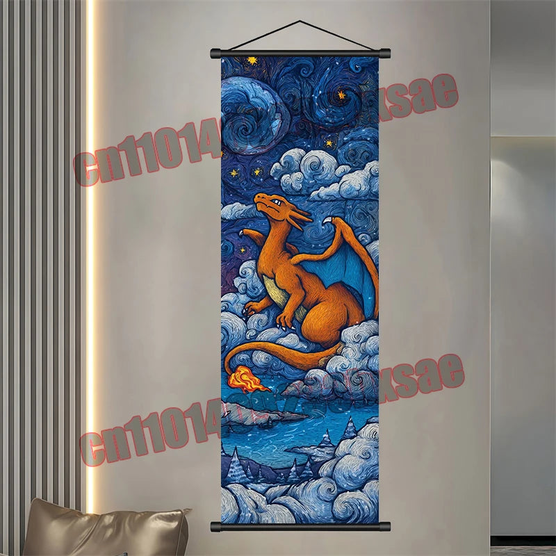 Pokémon Anime Wall Poster – Gengar Eevee Pikachu Scroll Painting Retro Canvas Artwork for Home Decor