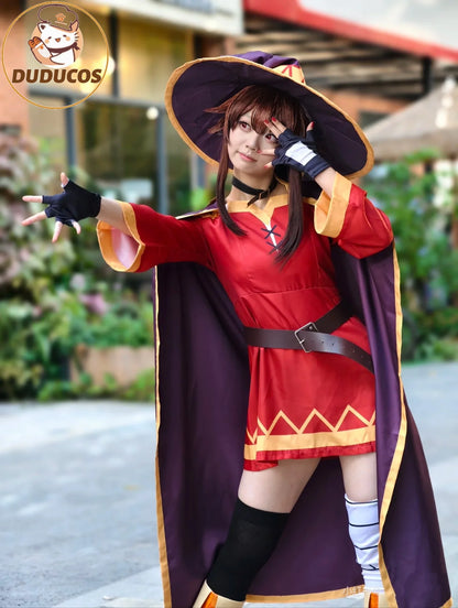 KonoSuba Megumin Cosplay Costume – Witch Cloak Set with Wig, Hat, Blindfold & Stockings (Women’s Halloween Outfit)