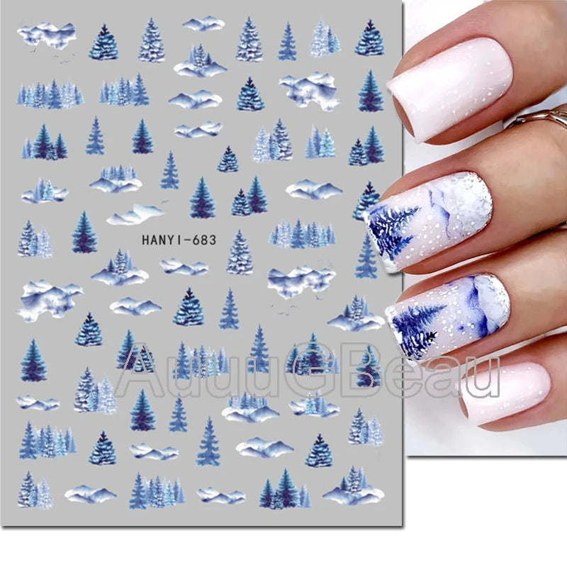 3D Christmas Nail Art Stickers – Snowflake & Winter Tree Nail Decals for Nail Tips Decoration