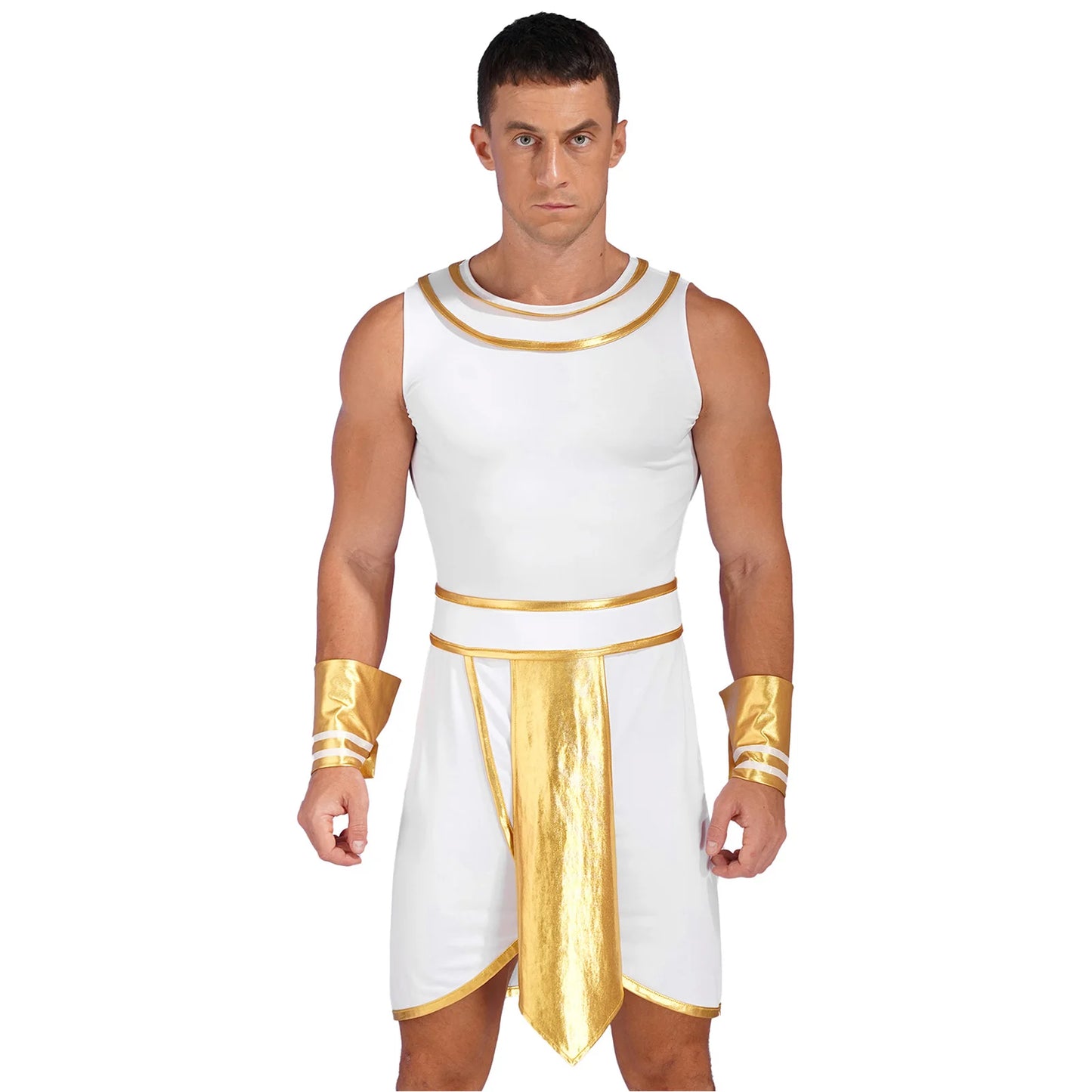 Men’s Ancient Greek & Egyptian Pharaoh Cosplay Costume – Metallic Shiny Toga Robe with Sleeves for Halloween & Roleplay