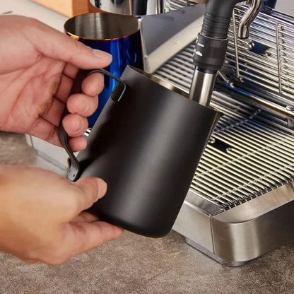 Jarra para espumar leche de café con indicador de temperatura - Jarra espumadora de leche de acero inoxidable con escala de medición para Latte Art y Espresso