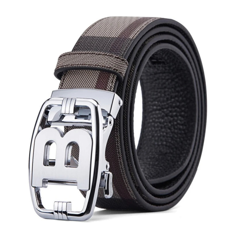 Men's Genuine Leather & Canvas Belt 3.4cm Classic Buckle Casual Jeans Waist Belt