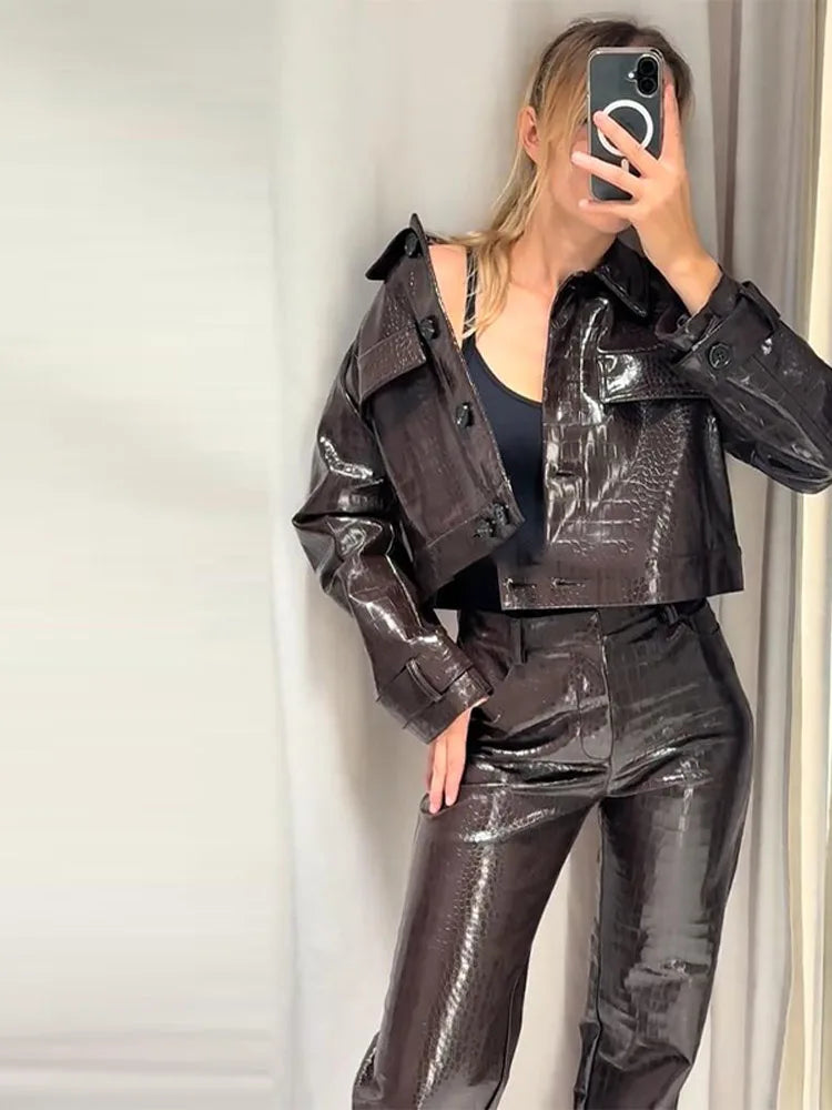 Women’s Y2K Punk Embossed Leather 2-Piece Set 2025 – Cropped Lapel Jacket & Matching High-Waist Pants, Chic Streetwear Outfit