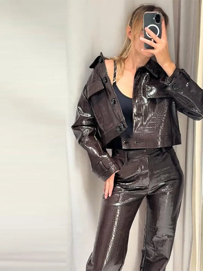 Women’s Y2K Punk Embossed Leather 2-Piece Set 2025 – Cropped Lapel Jacket & Matching High-Waist Pants, Chic Streetwear Outfit