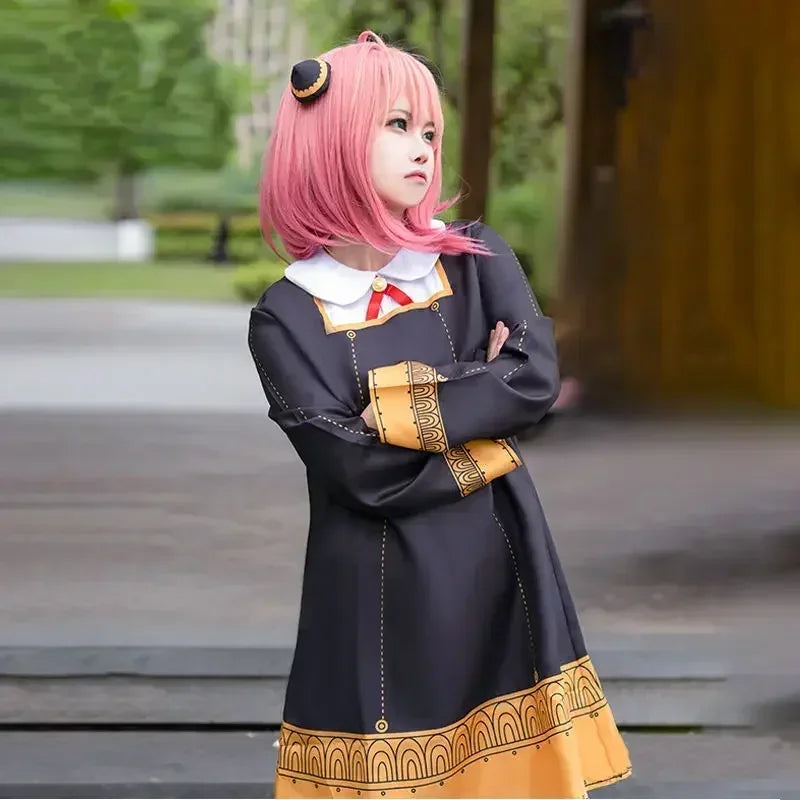Spy × Family Anya Forger Cosplay Costume Set – Black Uniform Dress with Pink Wig & Stockings for Girls & Adults, Halloween Party & Roleplay Outfit