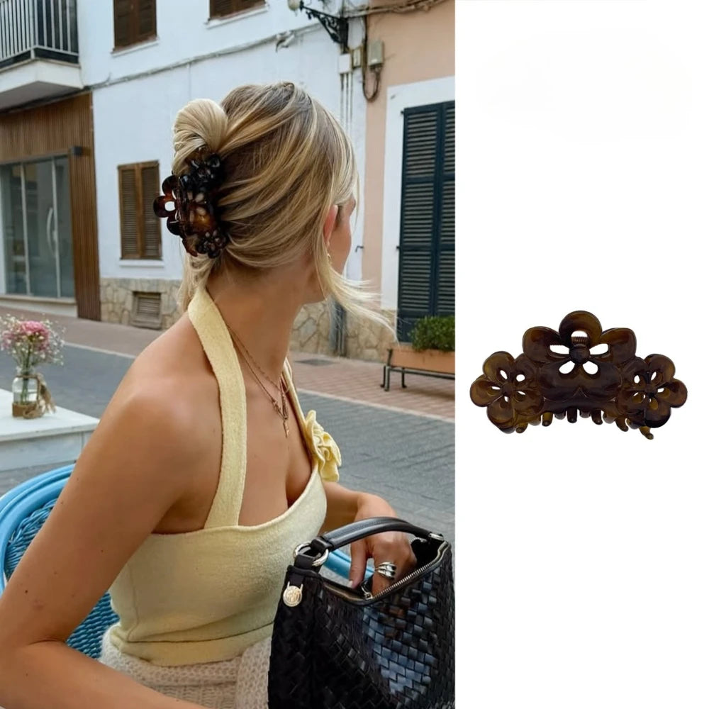 Pinza de pelo de acetato Fashion Coffee – Pinza grande de color sólido negro para mujeres y niñas | Accesorios sencillos para el pelo de verano