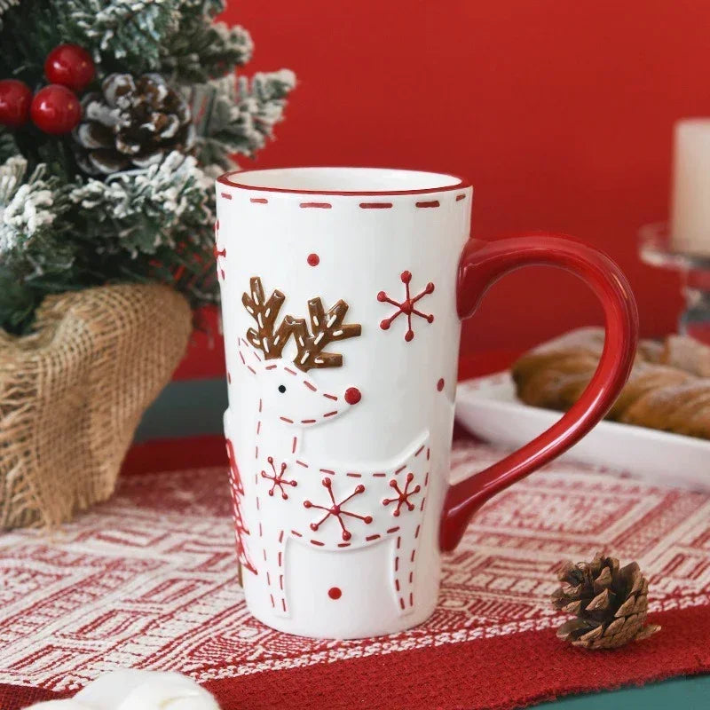 Christmas Santa Claus Ceramic Mug – Embossed Reindeer Coffee & Milk Cup for Breakfast, Kids’ Xmas Gift & Holiday Home Drinkware
