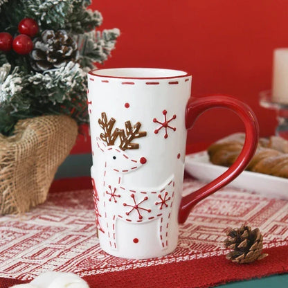 Christmas Santa Claus Ceramic Mug – Embossed Reindeer Coffee & Milk Cup for Breakfast, Kids’ Xmas Gift & Holiday Home Drinkware