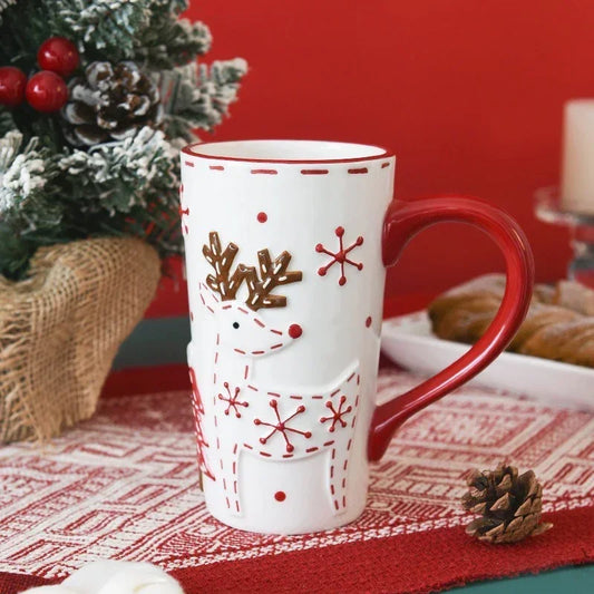 Christmas Santa Claus Ceramic Mug – Embossed Reindeer Coffee & Milk Cup for Breakfast, Kids’ Xmas Gift & Holiday Home Drinkware