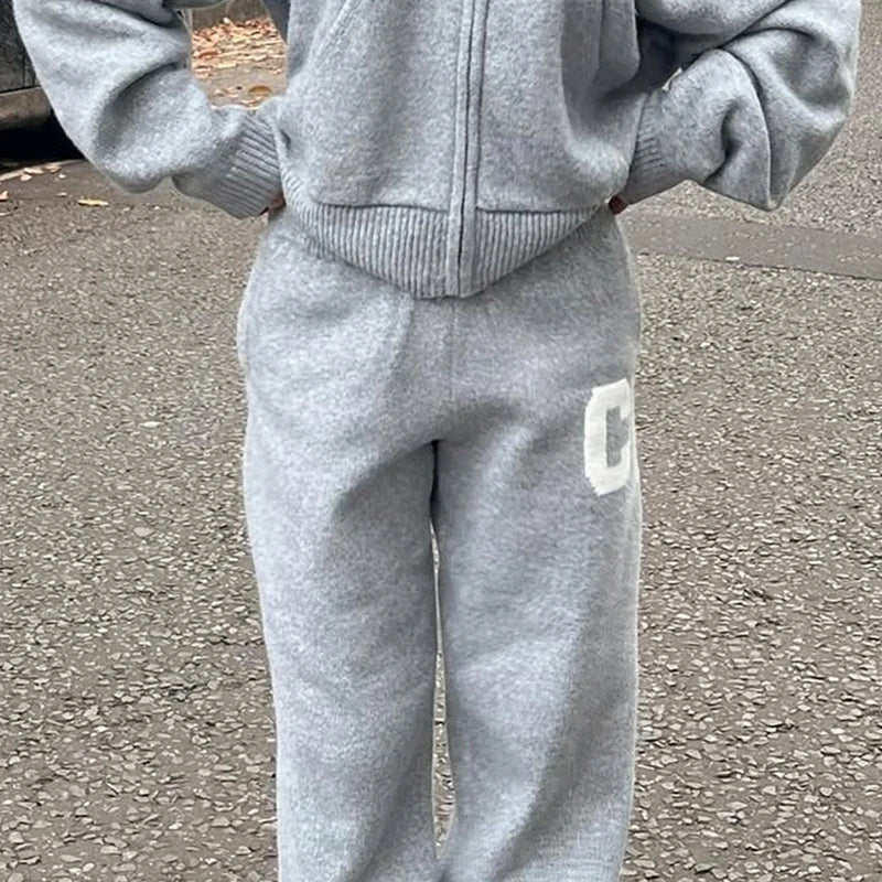 Women’s Hooded Knit Tracksuit 2-Piece Set – Casual Knitted Jacket & Pants Trousers, Cozy Two-Piece Outfit for Everyday Wear