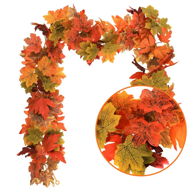 2M Artificial Maple Leaf Garland – Faux Fallen Leaves Autumn Rattan Decor for Thanksgiving, Halloween, Wedding, Christmas & Holiday Festivals
