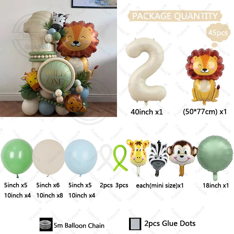 45PCS Jungle Animal Balloon Set – Lion & Giraffe Cream White Number Balloons for Birthday Party Decorations | Safari Theme Celebration Supplies