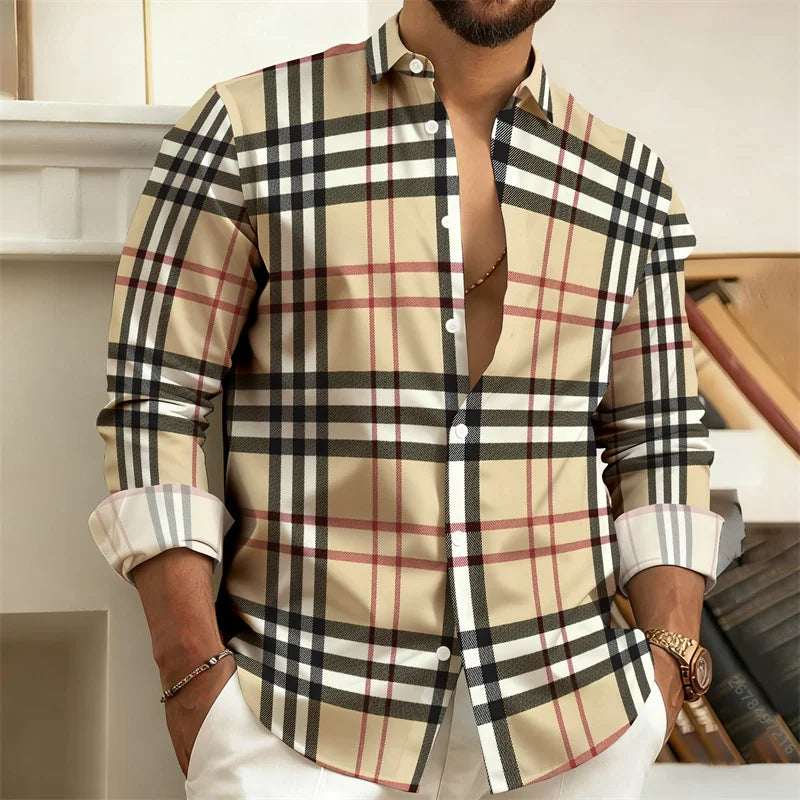 Men’s 3D Printed Plaid Long Sleeve Shirt – Fashion Casual Streetwear Top for Outdoor Everyday Wear, Sizes S–6XL