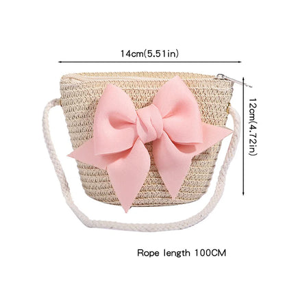 Bolso cruzado de paja con lazo rosa para niñas, cartera de mensajero tejida de princesa para niños con cremallera