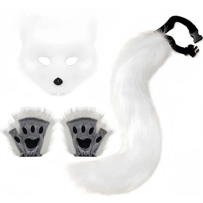 Halloween Fox Cosplay Costume Accessories Set, Animal Fox Mask, Tail and Gloves, Cute Fancy Dress-Up Props for Carnival, Masquerade, Themed Parties, and Halloween Costumes