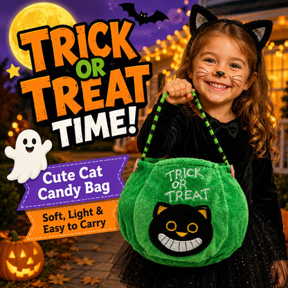 1PC Halloween Plush Candy Bag, Pumpkin Cat Vampire Witch Treat Basket, Portable Trick or Treat Tote for Kids, Halloween Party Decorations, Candy Storage and Gift Bag