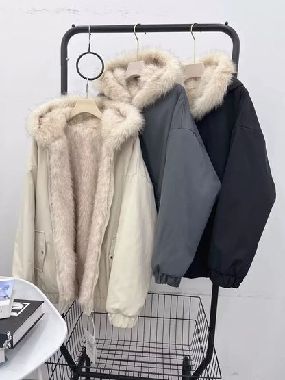 Women’s Double-Sided Faux Mink Fur Coat – Thick Plush Cotton-Padded Hooded Jacket, Loose-Fit Warm Outerwear for Autumn & Winter