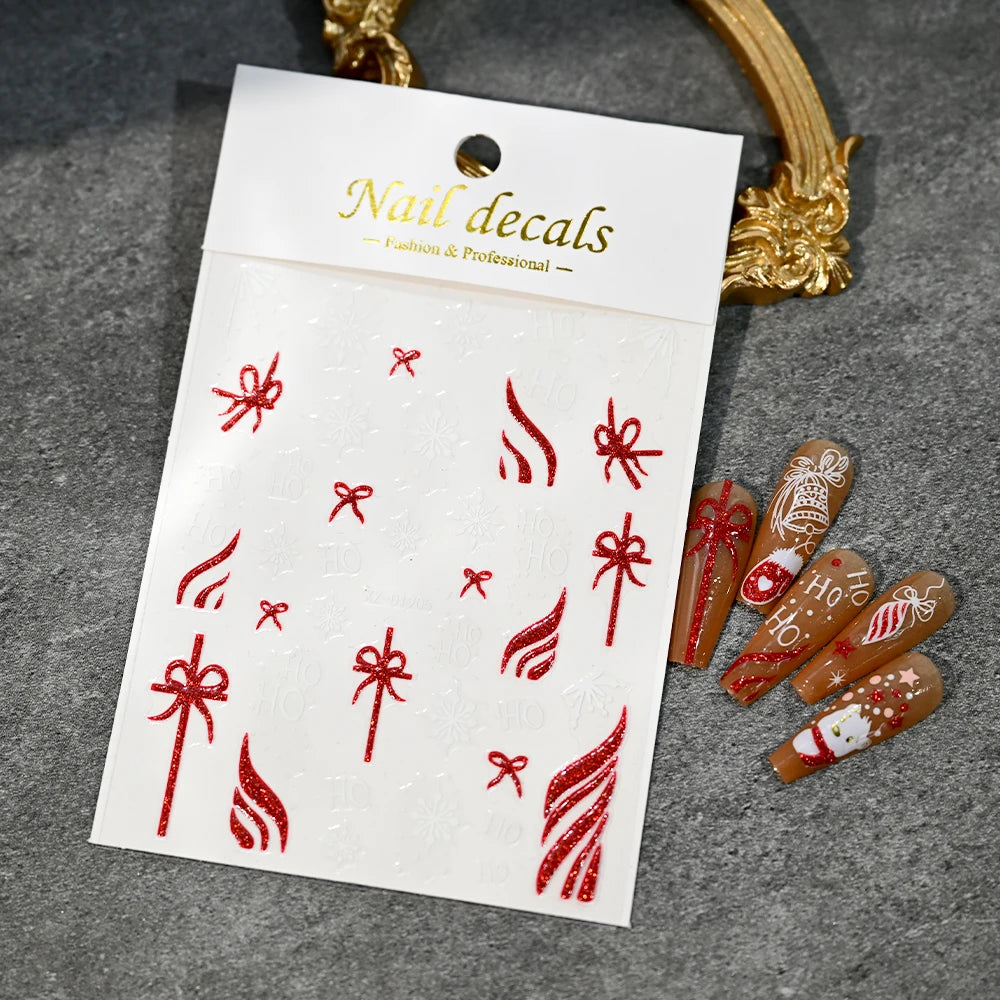 Christmas Nail Art Stickers – Red Glitter Snowflake, Elk & Snowman Self-Adhesive Holiday Manicure Decals (1–12pcs)