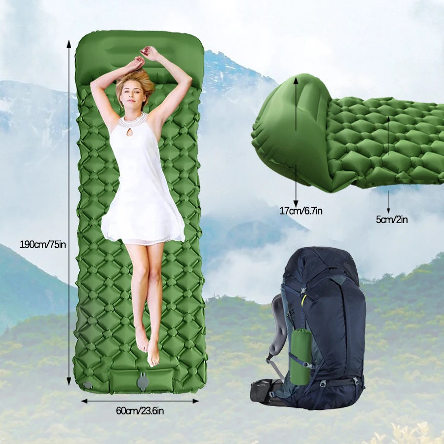 Matelas de camping gonflable d'extérieur – Tapis de couchage gonflable ultraléger avec pompe et oreiller intégrés pour la randonnée, le camping, les voyages et les aventures en plein air