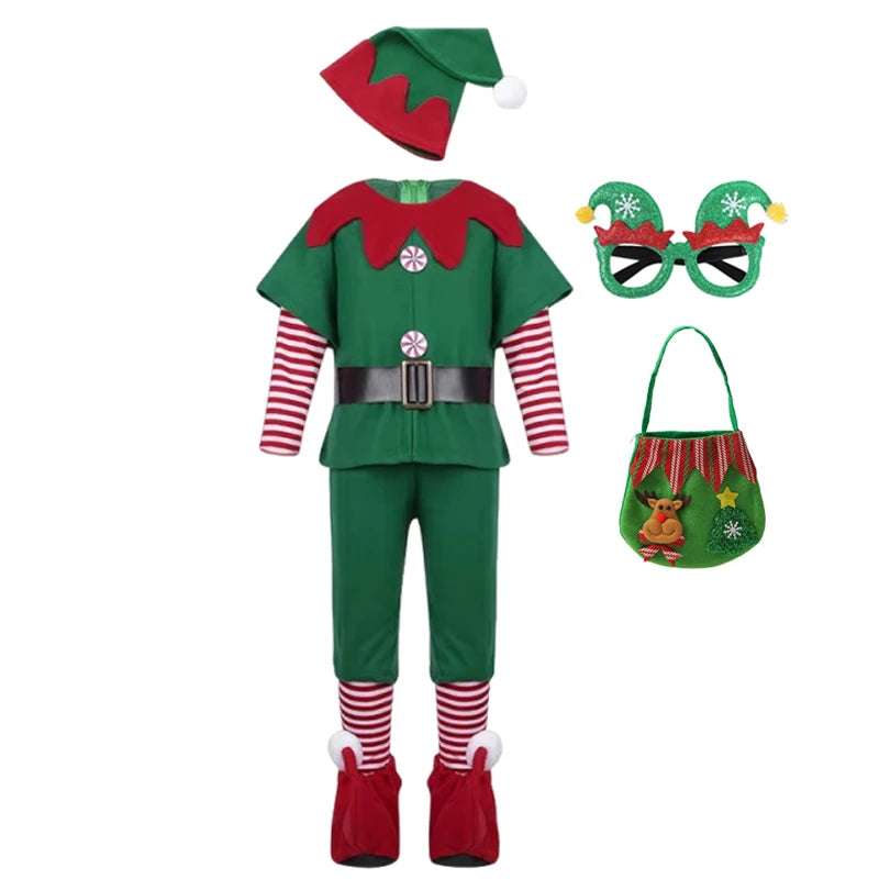 Kids Christmas Santa Claus and Green Elf Costume Set, Boys and Girls Holiday Cosplay Outfit, Festive Fancy Dress for Christmas Parties, Family Carnivals, Halloween Events and Seasonal Celebrations