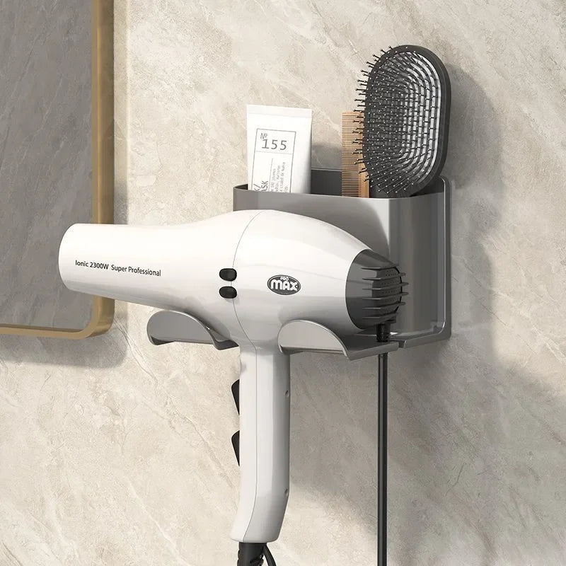 Soporte para secador de pelo montado en la pared, sin taladro, estante de almacenamiento para baño, organizador de herramientas para el cabello de plástico