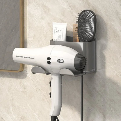 Soporte para secador de pelo montado en la pared, sin taladro, estante de almacenamiento para baño, organizador de herramientas para el cabello de plástico