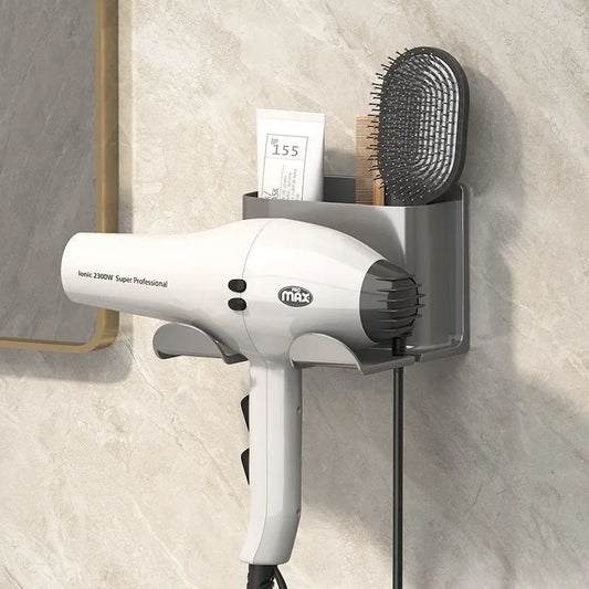 Soporte para secador de pelo montado en la pared, sin taladro, estante de almacenamiento para baño, organizador de herramientas para el cabello de plástico