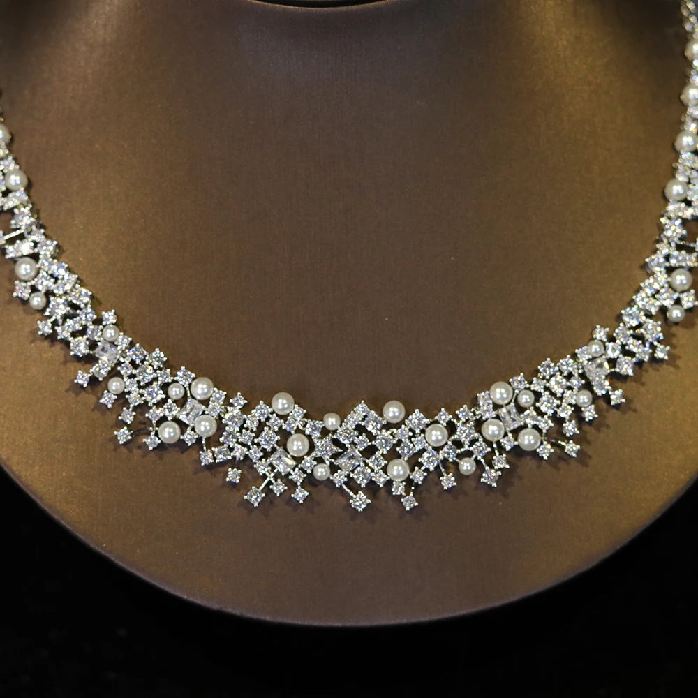 ASNORA Bridal Pearl Choker Necklace Set for Women Cubic Zirconia Stone Wedding Jewelry Costume Fashion X0620