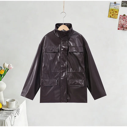Women’s PU Leather Jacket – Long-Sleeve Stand Collar Zip-Up Coat, Casual Streetwear Outerwear for Autumn & Winter