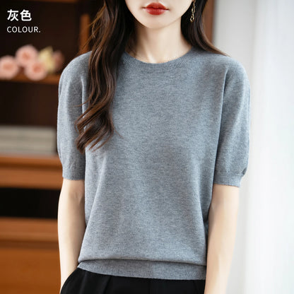 Women's 100% Wool Knitted Sweater – O-Neck Short-Sleeve Pullover, Warm Basic Casual Top for Fall & Winter, Available in 22 Colors