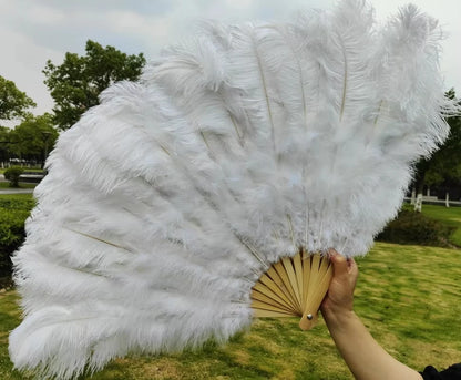 Abanico Grande de Plumas de Avestruz Blancas – Elegante Abanico para Baile y Actuaciones Escénicas (100 cm / 130 cm)