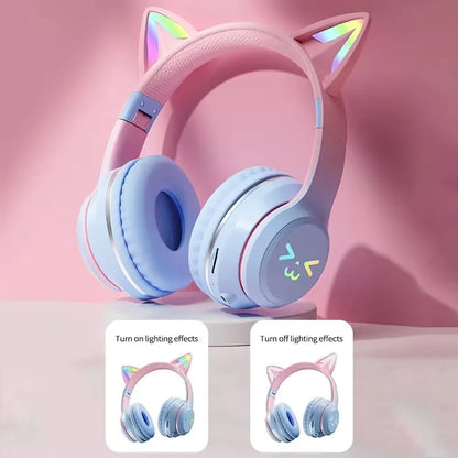 RGB Cat Ear Wireless Bluetooth Headphones – Luminous Gaming Headset with Microphone, Noise Reduction & HiFi Sound for Girls, Calls & Music