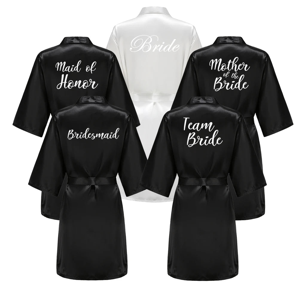 Women’s Black Satin Robe – Silky Kimono Bridal Wedding Bridesmaid Loungewear Dressing Gown