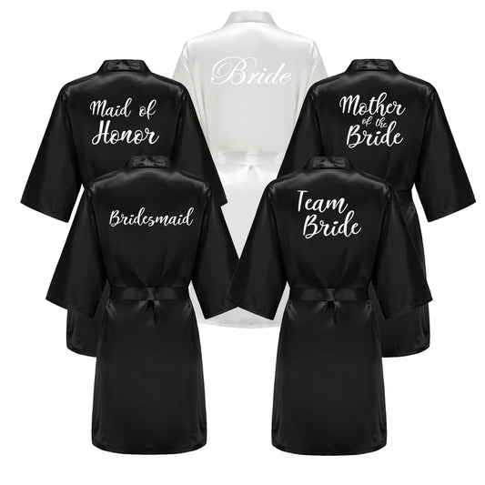 Bata Kimono de Satén Negro para Mujer – Ropa de Casa Nupcial Sedosa para Bodas, Damas de Honor