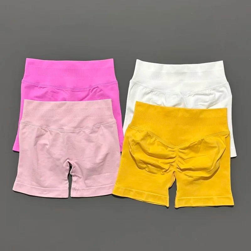 HISTELLO Pantalones cortos de yoga sin costuras de 4.5" para mujer – Pantalones cortos deportivos de talle bajo con efecto fruncido para gimnasio, fitness, correr y ropa deportiva