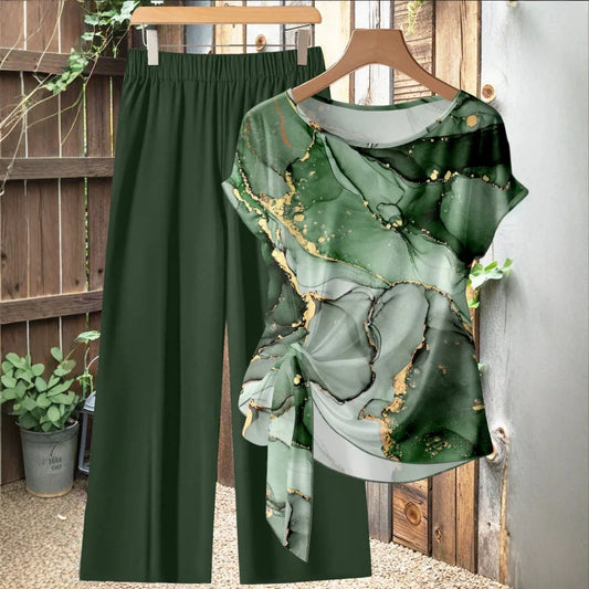 Women's 2-Piece Printed Knot Top & Wide-Leg Pants Set – Round-Neck Short-Sleeve Casual Outfit, Comfortable Polyester Loungewear for All Seasons