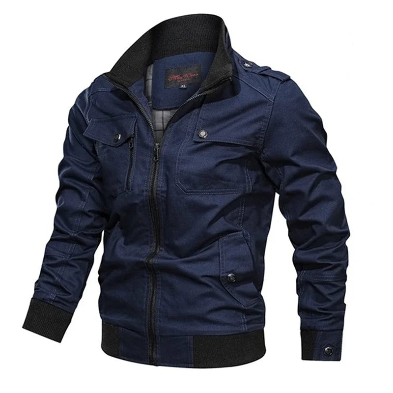 Men’s Cotton Bomber Jacket – Retro Casual Cargo Coat with Zipper Pockets, Pilot-Style Workwear Outerwear